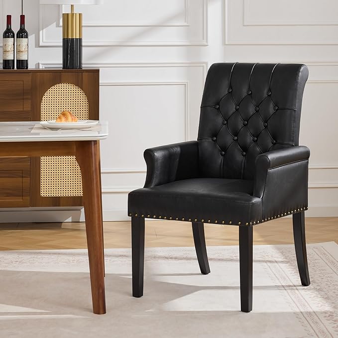 PU Leather Dining Chair with Arms, Upholstered Tufted High Back Dining Room Chairs, Accent Armchair with Solid Wood Leg and Nailhead Trim, Kitchen Dining Living Room, Black