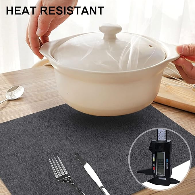 homing Faux Leather Heat Resistant Placemats 6 Packs, Waterproof Wipeable Dining PU Place Mats for Indoor & Outdoor, Easy to Clean, Charcoal