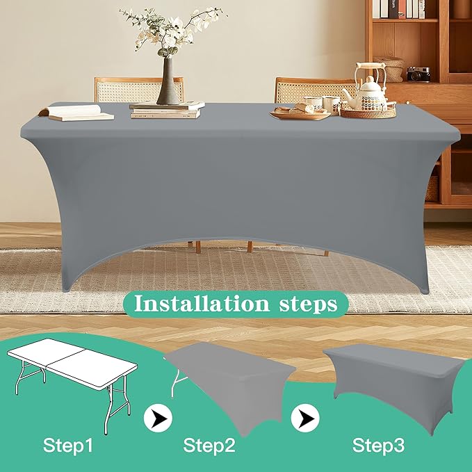 6Pack 6FT Table Cloth for Rectangular Fitted Events Stretch Grey Table Covers Washable Spandex Tablecloth Protector for Party, Wedding, Cocktail, Banquet, Festival