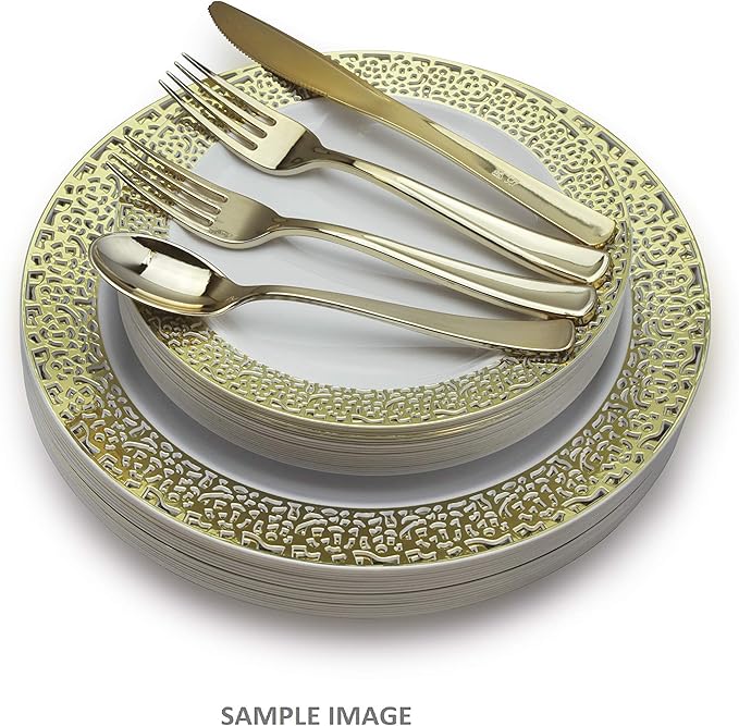 OCCASIONS 120 Plates Pack,(60 Guests) Premium Wedding Party Disposable Plastic Plates Set -60 x 10.25'' Dinner + 60 x 7.5'' Salad/Dessert (Florence White/Gold)