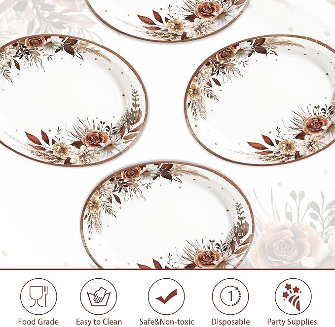 Grencian 50Pcs Fall Boho Floral Oval Paper Plates 10" x 12" Large Disposable Heavy Duty Fall Boho Rustic Dark Flower Tableware Dessert Plates for Autumn Thanksgiving Birthday Wedding Party Supplies