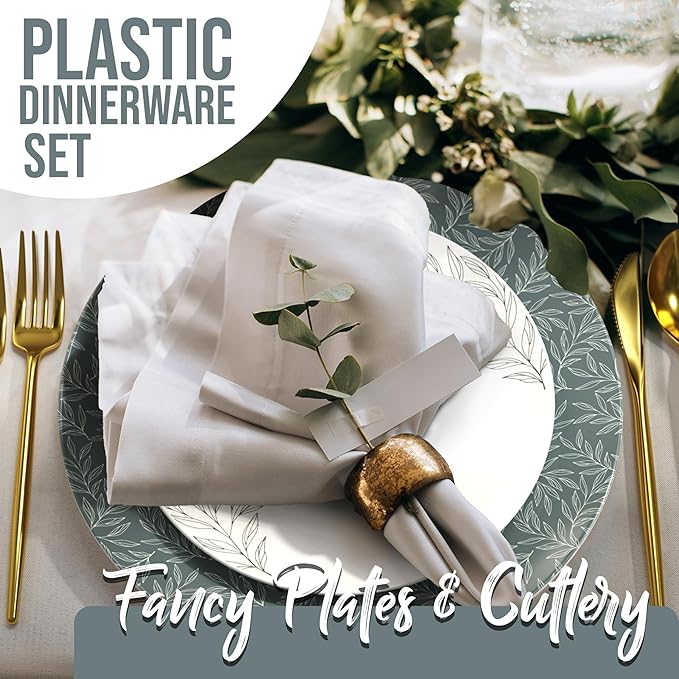 Trendables Fancy Plastic Dinnerware Sets 100 Pc Set 20 Guests Gold Silverware Disposable 20 X 10 Inch Charger Plates 20 X 8 Inch Dessert Plates 20 x Gold Plastic Forks and Spoons Knives In Aleh