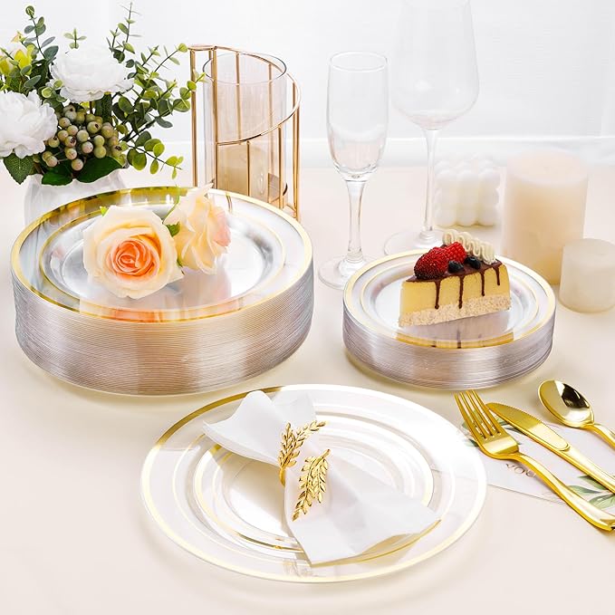 BESTSTAR 100PCS Clear Plastic Plates for Party, 10.25 Inch Disposable Plates with Gold Rim, Heavy Duty Dinner Plates for Christmas, Wedding and Birthday