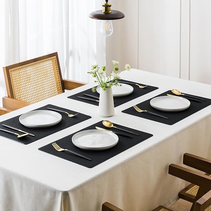 Jovono Faux Leather Placemats Set of 6, Waterproof Washable Table Mats, Easy-Clean Heat Resistant Kitchen Vinyl Place Mat for Dining Table, Restaurant, Indoor, 17.8"x11.8", Black