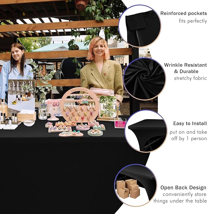 Nasitos 2 Pack Black Table Cloth Rectangle - 8 ft Spandex Stretch Tablecloths Fitted, Washable, Wrinkle-Free for Parties, Banquet & Trade Shows