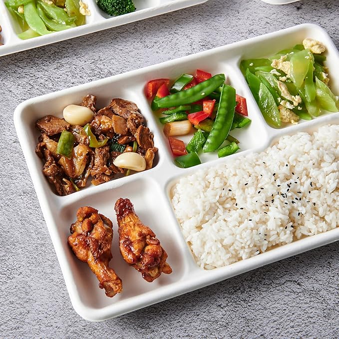 Vplus 100% Compostable 5 Compartment Paper Plates, 100 Pack, 12.5 x 8.6 inch Disposable School Lunch Trays, Eco-Friendly Bagasse Plates for Buffet, and Party