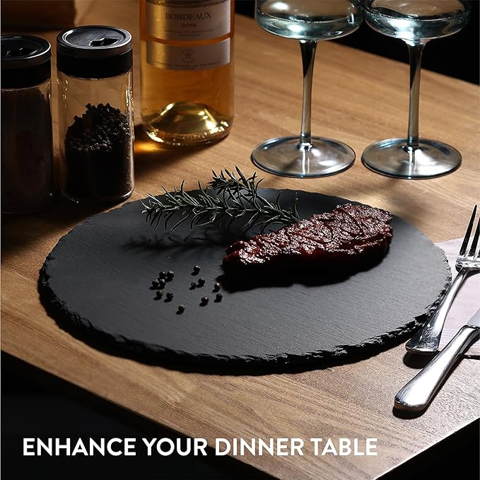 Navaris Slate Plates - Food Contact Safe Black Stone - Cheese Platter Serving Charcuterie Boards - Round Slate Tray Slab Plate Cheese Board - Set of 4 11" Plates (28 cm)