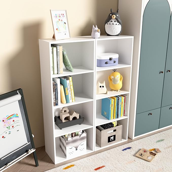 Wooden 4 Cube Storage Organizer, 4 Tier Tall Modern Bookshelf Freestanding Storage Display Organizer, Versatile Cubes Shelf and Cubby Unit for Living Room, Bedroom, Home Office 15.7inch