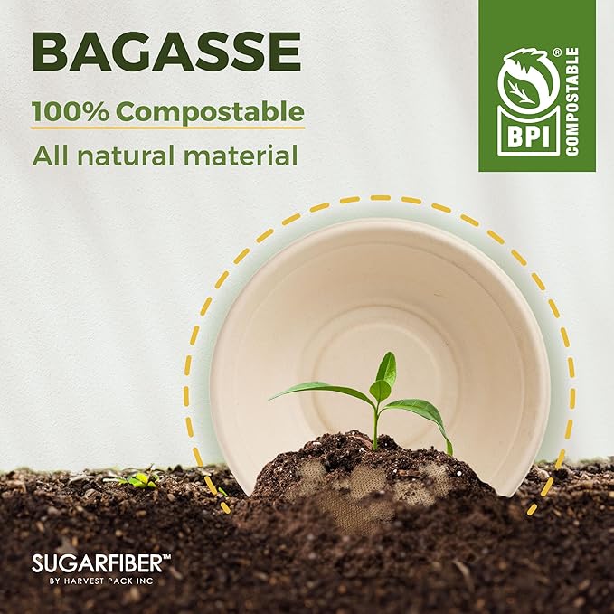 [50 COUNT]Harvest Pack PFAS FREE 24oz Compostable Bowls - Paper Round Heavy-Duty Eco-Friendly Disposable Bagasse Bowl, sugarcane made plant fibers for Meal Prep
