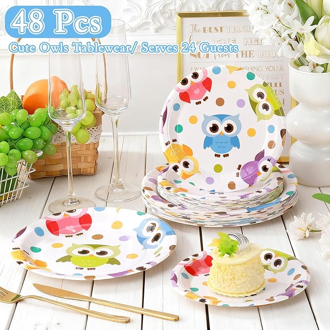 48 Pcs Cute Owls Plates Set Include 9 Inch and 7 Inch Watercolor Animal Disposable Plates Animal Party Decorative Dinner Birthday Tableware for Party Supplies