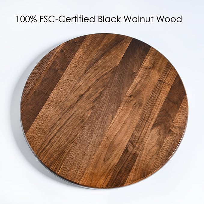 24 Inch Round Lazy Susan Turntable, 0.8” Thick Solid Black Walnut Rotating Tray with 12" Wide Swivel Base, Reinforced Back for Non-Deforming, 100% FSC Certified for Dining Table