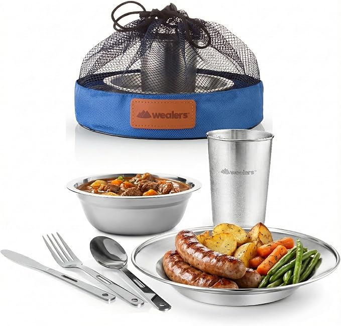 Unique Complete Messware Kit Polished Stainless Steel Dishes Set| Tableware| Dinnerware| Camping| Includes - Cups | Plates| Bowls| Cutlery| Comes in Mesh Bags