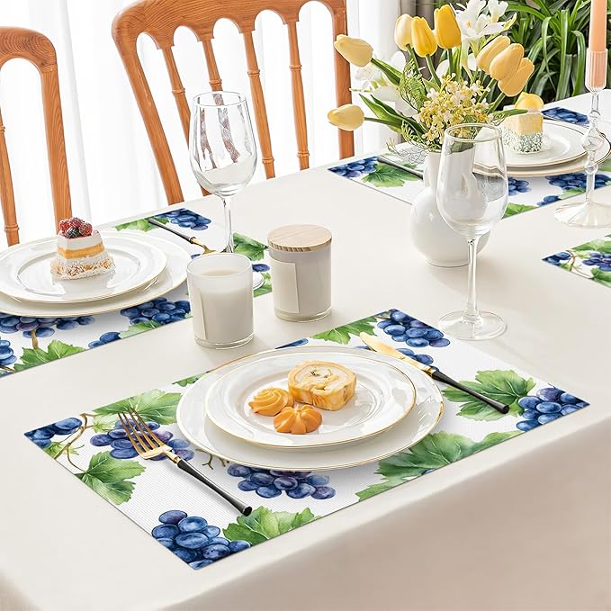 Grape Placemats Set of 4, Blue Grapes Place Mats, Fruit Waterproof Washable Table Mats for Home Party Indoor Kitchen Dining Table Decoration 12x18 Inch