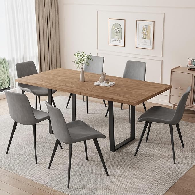 ZckyCine 67" Expandable Walnut Dining Table and 6 Upholstered Chairs, 7-Piece Dining Room Furniture Set, Mid-Century Modern Style for Home, Dining Room and Kitchen
