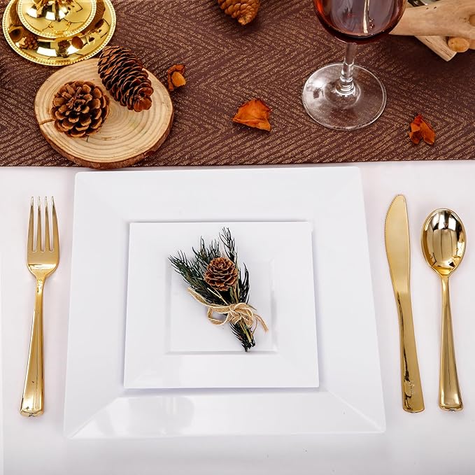 Liacere 100PCS White Square Plastic Plates - 50PCS Heavy Duty 9.5inch Dinner Plates and 50PCS 6inch Dessert Plates - Durable Fancy White Disposable Plates for Party & Wedding