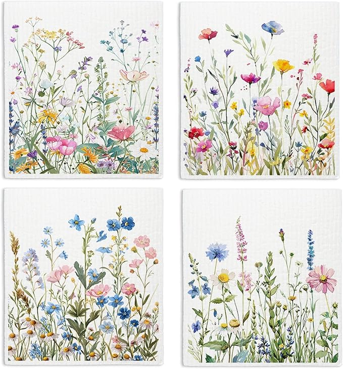 Flowers Swedish Dishcloths for Kitchen, Papaya Reusable Paper Towels, 4 Pack Wildflowers Watercolor Dish Cloths, Washable