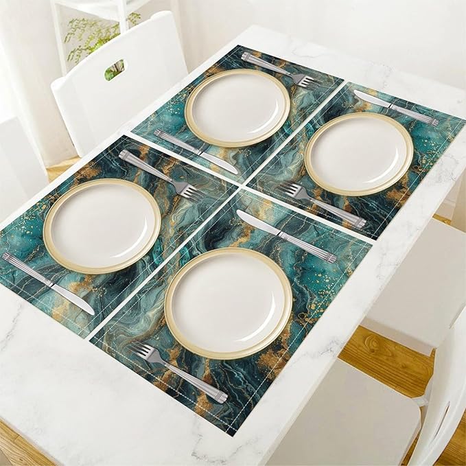 Marble Linen Placemats Set of 2, 12x17 Inch Modern Abstract Foil Stone Texture Teal Gold Marble Table Mats Washable Fabric Place for Party Kitchen Wedding Dining Banquets Decor
