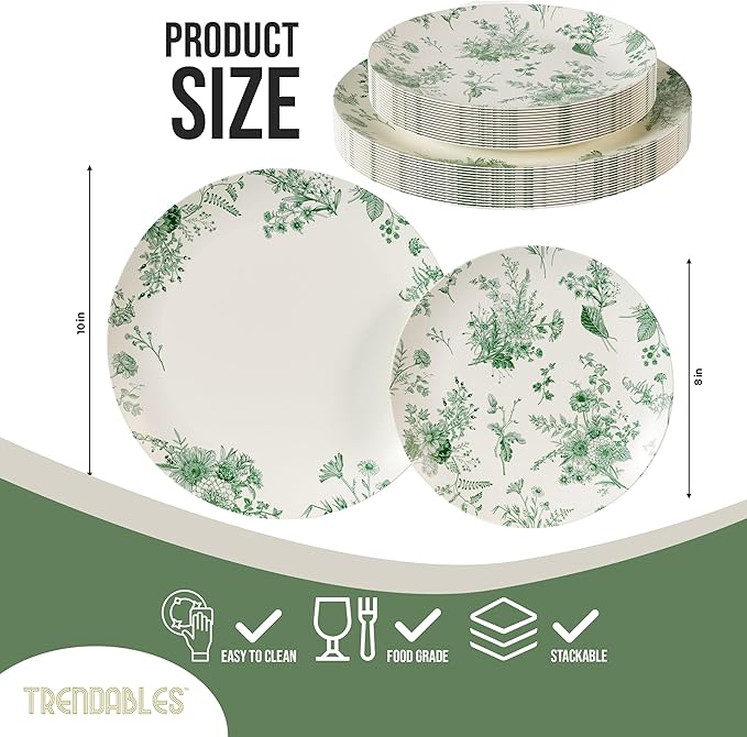 Trendables 40 Piece Plastic Disposable Plates Set For 20 Guests I 20 X 8 Inch Dessert Plates & 20 X 10 Inch Wedding Party Plates | Ivory & Green Verdure Design