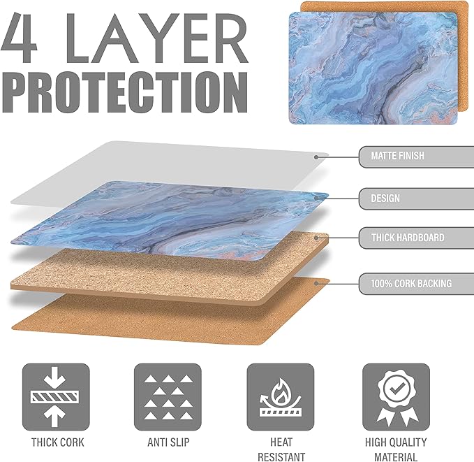 Dainty Home Navy Marble Rectangle Cork Placemats - Heat Resistant Placemats, Non-Slip, Easy Clean Placemats for Elegant Dining - 12"x18" Set of 2 - Perfect for Stylish, Modern Homes
