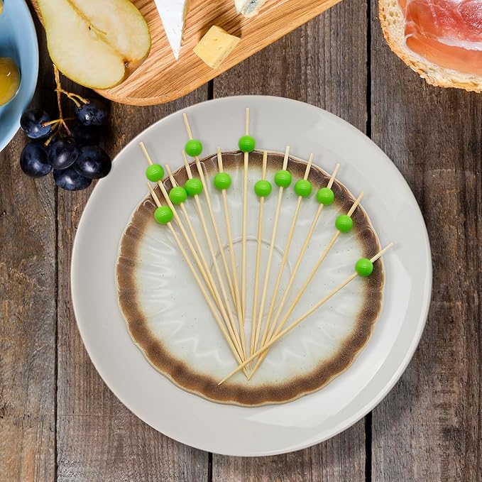 Minisland Grass Green Pearl Cocktail Picks, 4.7 Inch Long Bamboo Fancy Toothpicks for Appetizers, Decorative Spring Summer Holiday Party Food Drink Garnish Fruit Kabob Skewer Sticks 100 Counts -MSL453