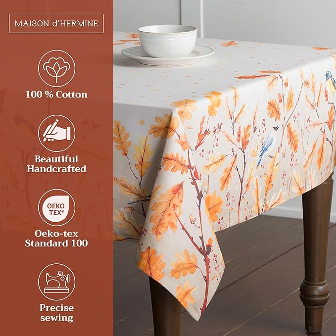 Maison d' Hermine Table Cloth Square Table 100% Cotton 54 x 54 Inches Fall Tablecloth Reusable Everyday Use for Thanksgiving Christmas Decorations Dining Farmhouse Party (Oak Leaves)