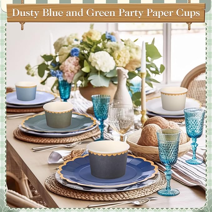 Zopeal 48 Pcs Dusty Blue and Green Disposable Ice Cream Bowls 9oz Blue Gradient Color Paper Snack Cups with Gold Scallop for Parties, Weddings, Baby Showers, Desserts, Yogurt, and Salads