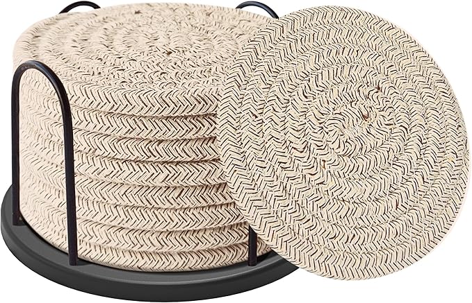 Coasters Set of 8 for Drinks, Beer, Coffee, Cotton Woven Absorbent Coaster with Holder, Boho Coasters for Home Decor Tabletop Protection Suitable for Kinds of Cups, Brown