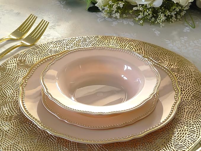 " OCCASIONS " 50 Plates Pack (25 Guests)-Heavyweight Wedding Party Disposable Plastic Plate Set -25 x 10.25'' Dinner + 25 x 7.5'' Salad/dessert plates (Rochelle Antique Rose and Gold)