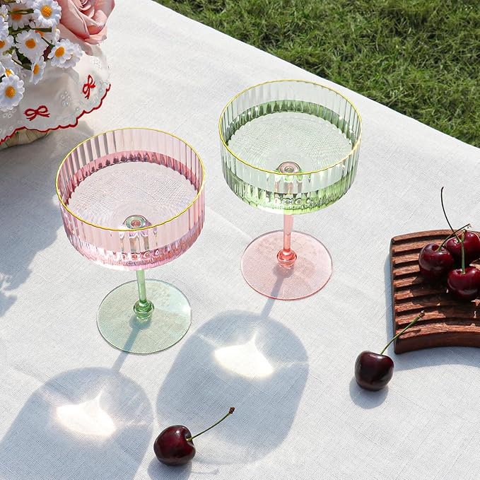 XUWAIDSGN 24Pcs Champagne Martini Glasses 9 Oz with Gilded Removable Gold Rim Coupe Glasses Pink Martini Glasses Plastic Mimosa Vintage Coupe Glasses Set For Wedding Anniversary (24, Pink & Green)