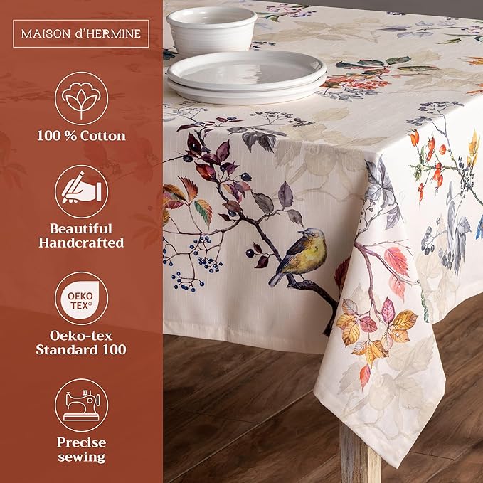Maison d' Hermine Table Cloth Rectangle Table 100% Cotton 70 x 120 Inches Fall Tablecloth Reusable Everyday Use for Thanksgiving Christmas Decorations Dining Farmhouse Party (Equinoxe - Beige)