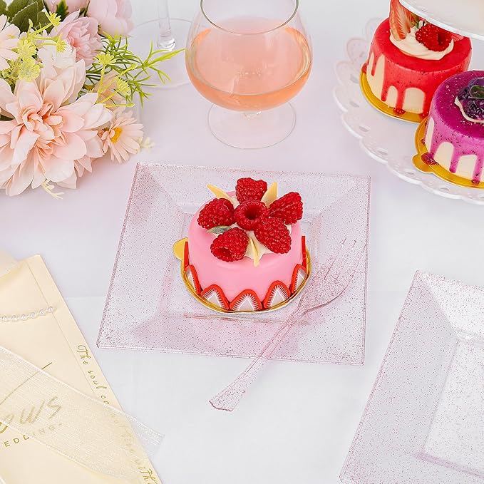 DaYammi 100Pcs Pink Dessert Plates with Forks Including 50Pcs Appetizer Plates,50Pcs Plastic Forks,Glitter Square Plate pink Disposable plates for Wedding,Plastic Cake Plate for Valentine's Day Party