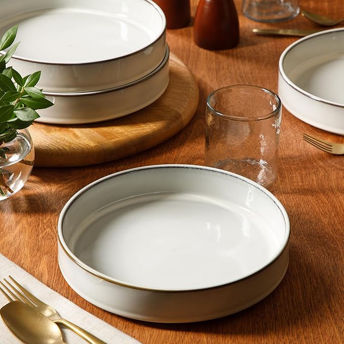 Bloomhouse - Two Time Oprah's Favorite Things WInner - Santorini Mist 4-Piece 8.6-Inch Terracotta Pasta Bowl Set – Moonstone White, Reactive Glaze Round Shallow Walled Dinner & Serving Bowls