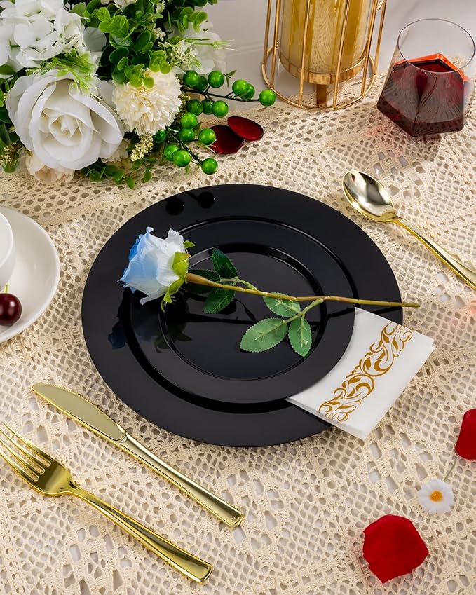 BESTVIP 50PCS Black Plastic Plates, 10.25 Inch Disposable Dinner Plate Party, Heavy Duty Disposable Plastic Plates - Ideal for Parties, Wedding and Birthday, Everyday Meals Use