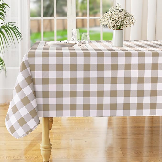 misaya Square Waterproof Vinyl Table Cloth, Buffalo Flannel Backed Tablecloth, Wipeable Plastic Table Cover for Dinner, Kitchen, Outdoor (54" x 54", Khaki and White)
