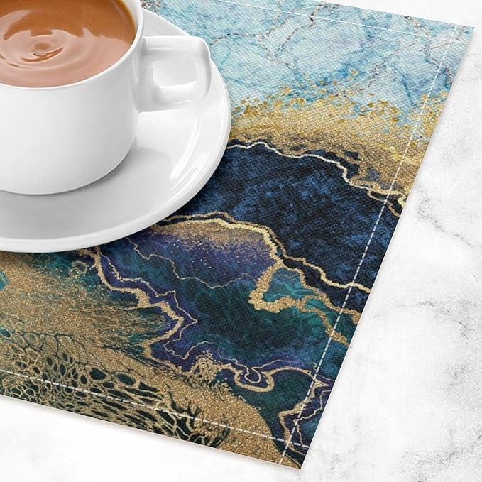 Marble Linen Placemats Set of 2, Modern Luxury Foil Cracked Texture Blue Gold Marble 12x17 Inch Washable Table Mats Non Slip Placemats for Wedding Party Kitchen Banquets Dining Decoration