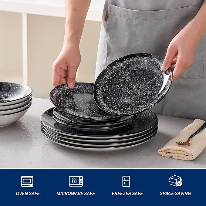 Bestone 12-Piece Round Porcelain Dinnerware Set, Service for 4, Chip Resistant Plates and Bowls,Black, Dishwasher & Microwave Safe for Home Daily Use