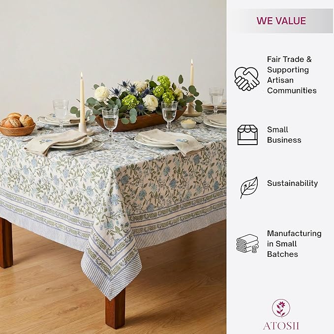 ATOSII Mahoka Blue 100% Cotton Rectangle Tablecloth, Handblock Floral Print Linen Table Cloth for Kitchen Dining I Parties, Outdoors, Weddings, Holidays, Summer I 72 X 108 Inches I 8 Seater