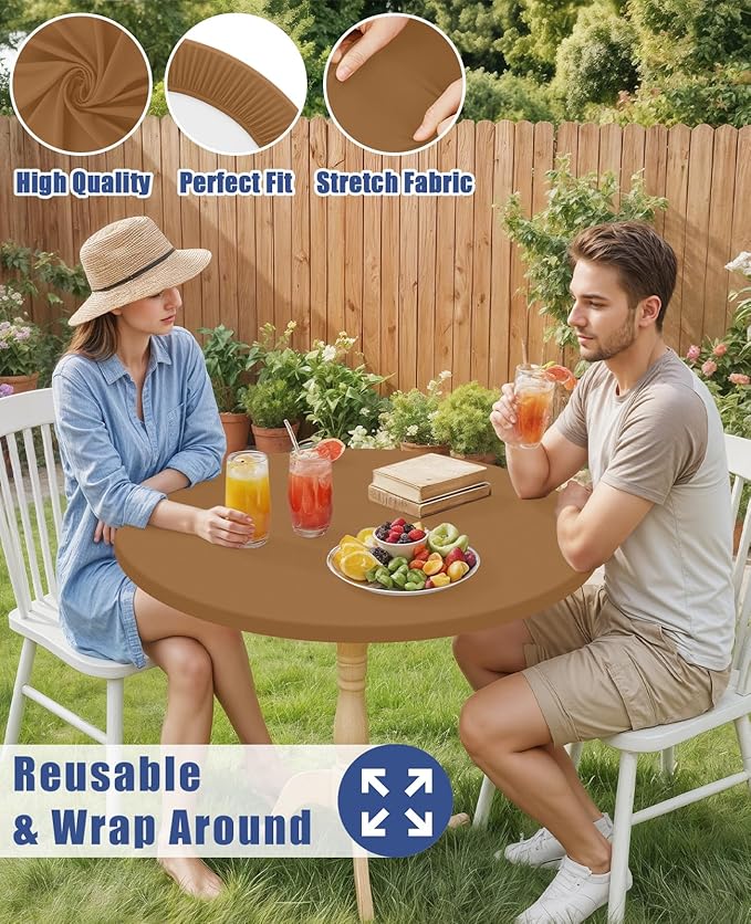 Round Spandex Tablecloth, Elastic Fitted Waterproof Tablecloths for 31"-35" Tables, Stretch Washable Picnic Table Cover for Camping, Dining, Indoor and Outdoor,Brown