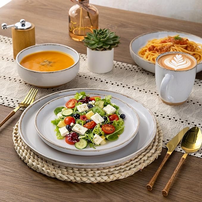 AmorArc Ceramic Dinnerware Sets for 4, 12 Pieces Handpainted Plates and Bowls Set with Rustic Terracotta Underside, Scratch Resistant Stoneware Dishes Set, Dishwasher & Microwave Safe, White