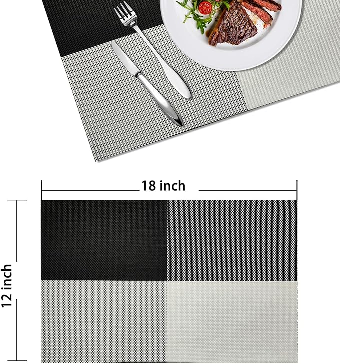 Placemats Set of 4 - Washable Woven Vinyl Placemats, Heat Resistant, Non-Slip, Easy to Clean Water Resistant Table Mats for Indoor/Outdoor Dining, Kitchen, Patio (4, Black White Square)