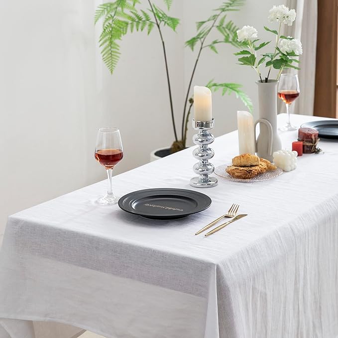 EVERLY 100% Pure Linen Rectangle Tablecloths 60x84Inches for Dining, Buffet Parties, Picnic,Events, Weddings and Restaurants, Decorative Halloween, Thanksgiving Machine Washable Tablecloths-White