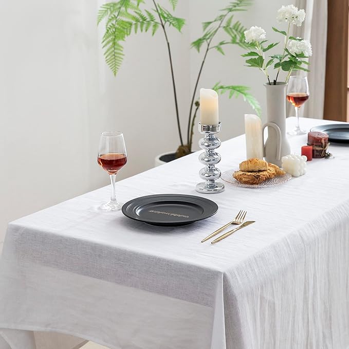 EVERLY Pure Linen Hemstitch Tablecloth,100% Stonewashed French Linen tablecloths for Kitchen Dining Rectangle Tables,60x132Inch Machine Washable Christmas Thanksgiving Organic Tablecloth-White