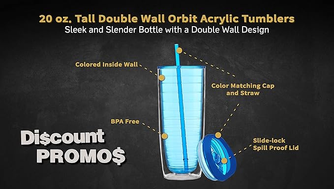 DISCOUNT PROMOS Tall Orbit Acrylic Tumblers 20 oz. Set of 10, Bulk Pack - Perfect for Iced Coffee, Soda, Other Hot & Cold Beverages - Blue