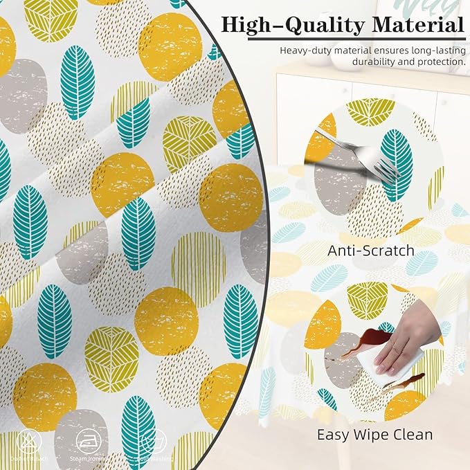 Laeacco 60 Inch Geometric Round Tablecloth Colorful Abstract Oval Leaf Pattern Modern Art Print Table Cloth Washable Waterproof Wrinkle Free Table Cover for Kitchen Dining Picnic Party Decoration