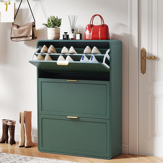 Narrow Hidden Shoe Organizer Cabinet Storage for Entryway, Modern Slim and Skinny Shoe Rack Cabinet with Flip Drawers for Entrance, Hallway - Green