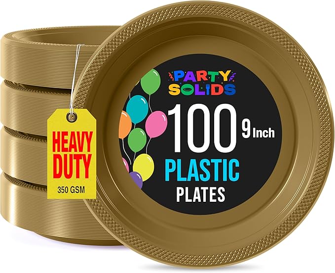 Gold Plastic Plates For Party 9" Gold Disposable Plates Heavy Duty 100 Pcs Plastic Dinnerware Sets Heavy Duty 350 GSM Disposable Dinnerware Set