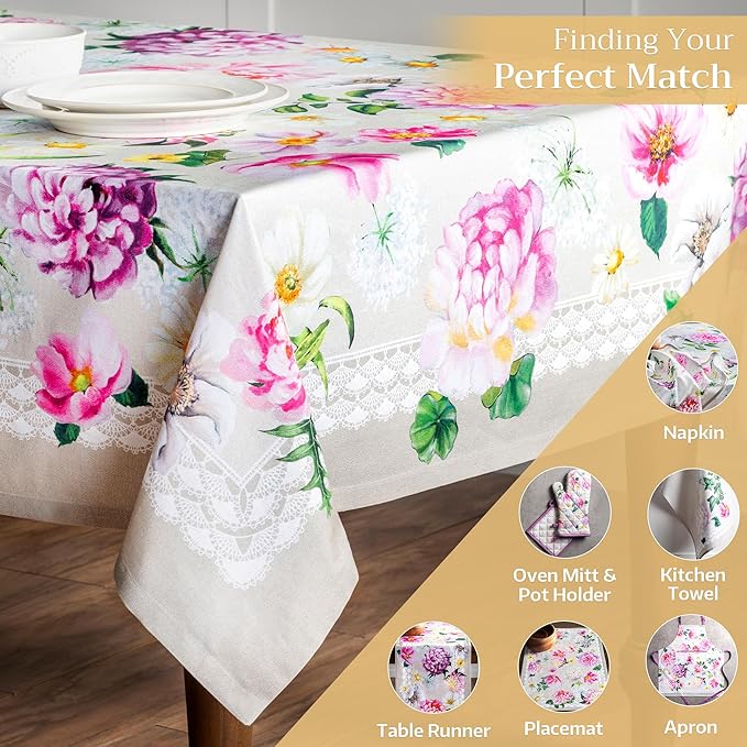 Maison d' Hermine Table Cloth Rectangle Table 100% Cotton 60 x 108 Inches Tablecloth Reusable Decorative for Dining Room Farmhouse Home Valentines Day Decorations Spring Summer - Pivoine