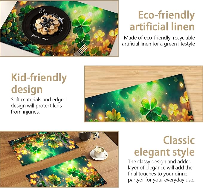 St Patrick's Day Green Grass Placemats Set of 6, Linen Washable for Christmas, Thanksgiving, Party, and Daily Dining, Decorative Table Mats for 4-6 Person Table