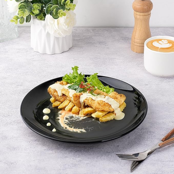 DELLING Porcelain Appetizer Plates, 7 Inch Black Dessert/Salad Plates - Small Dinner Plates for Sides, Snack, Pasta - Kitchen Ceramic Serving Dishes, Microwave and Dishwasher Safe - Set of 6