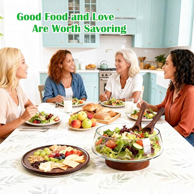 Extra Large Glass Salad Bowl with Lid Set, 5-Qt (160 fl oz) Mixing/Serving Bowl with Wood Base & Salad Servers, Trifle Bowl for Kitchen, Parties & Christmas